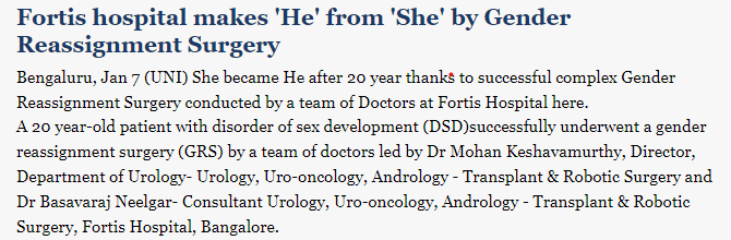 Fortis hospital makes 'He' from 'She' by gender reassignment surgery.
